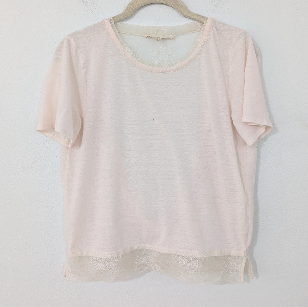 Maje Lace Trim Short Sleeve Top Linen Blend Lace Open Back Pink Ivory 2 Medium M